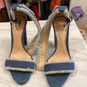SCHUTZ Denim Blue Frayed High Heel Sandals